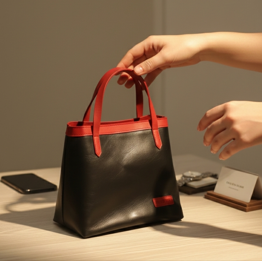 Moda Soft Leather Black and Red Mini Tote Bag